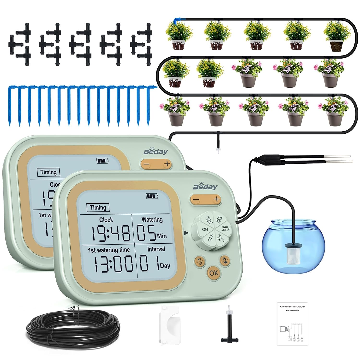Plant Sensor - ระบบรดน้ำต้นไม้อัตโนมัติสำหรับกระถาง 15 กระถาง, ตัวตั้งเวลาแบบตั้งโปรแกรมได้พร้อมเซ็นเซอร์วัดความชื้น, แพ็ค 2
